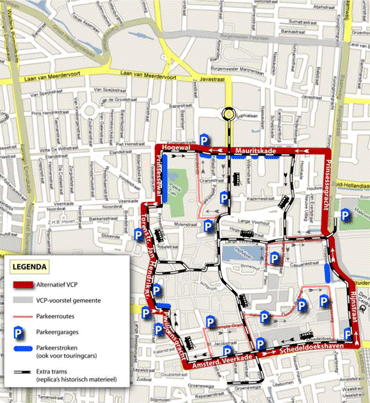 De huidige parkeerroute is volgens Bekker veel geschikter als centrumring dan de zogenaamde centrumring die de spil vormt van de gemeenteplannen (in grijs aangegeven).