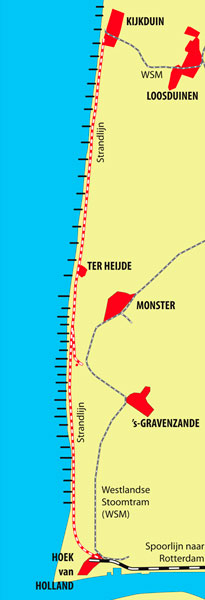 De situatie rond 1925. Toen waren zowel de strandlijn als de stoomtram naar Kijkduin in bedrijf. Met een vooruitziende blik had er een verbinding tot stand kunnen komen voor een toeristisch zeer aantrekkelijke combinatie.