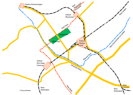 Als NS, NZH, HTM en de gemeente Den Haag meer toekomstgericht hadden gedacht in de vijftiger en zestiger jaren, dan had het wegen- en spoor- en sneltramnet er vermoedelijk ongeveer uitgezien als hierboven.De schets is een voortvloeisel van een de combinatie van een niet opgeheven spoorlijn naar Scheveningen en het Plan Jokinen uit de vijftiger jaren: duidelijk is te zien dat het spoorweg-zwaartepunt zich noordwaarts had bewogen, daar waar Mariahoeve aan Voorburg grenst. Daar was toen nog ruimte genoeg voor stadsplanning.Zwart zijn de spoorwegen aangegeven, blauw is de NZH-lijn (de ‘Blauwe Tram’) Scheveningen-Leiden, rood de HTM-lijnen naar Delft, Wassenaar en Leiden en oranje het weggennet.Het meest opmerkelijk van het plan Jokinen was het leiden van de spoorlijn naar en van Utrecht over de Hofpleinlijn naar Den Haag Holland Spoor (hier Den Haag Centrum genoemd). Daardoor werd Station Staatsspoor (nu: Den Haag CS) overbodig en kon de Utrechtse baan ‘knikvrij’ naar de Koningskade worden geleid.Bebouwing is op deze infografiek niet aangegeven: die zou waarschijnlijk heel anders zijn geweest, als deze plannen waren uitgevoerd.