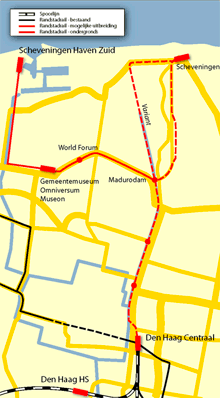 De verlengingsvarianten die mogelijk zouden zijn, als de Erasmuslijn Rotterdam-Den Haag Centraal in een tunnelbak zou eindigen.